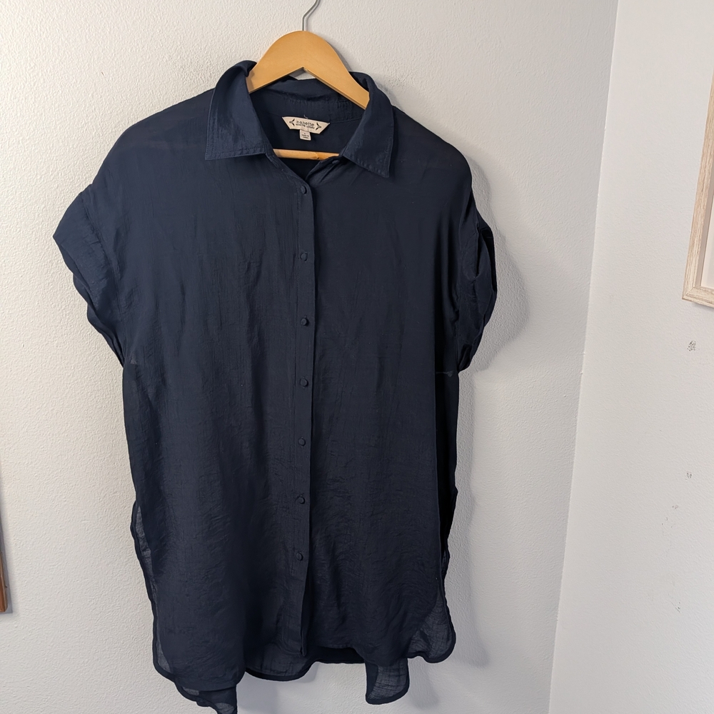 Nanette Lepore Navy Button Front Blouse Short Sleeve Flowy Top Size L‎